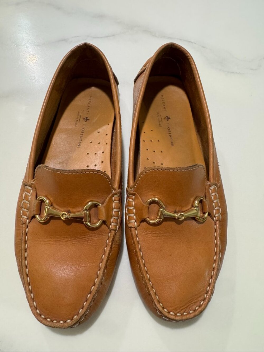 Mercanti Fiorentini Women’s 7B Tan Leather Horsebit Driving Loafers Made Brazil